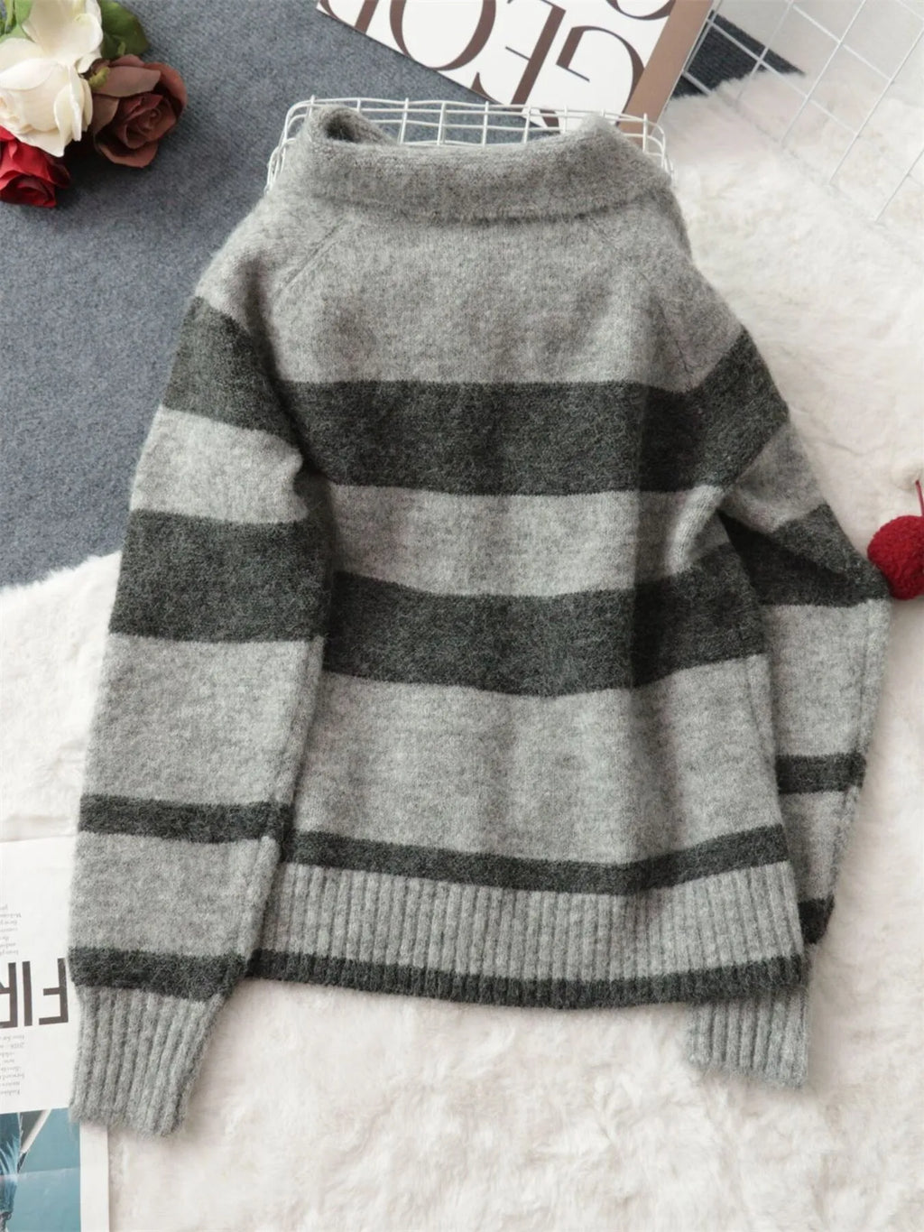 Striped Button-Up Cozy Cardigan - Lilixa.store