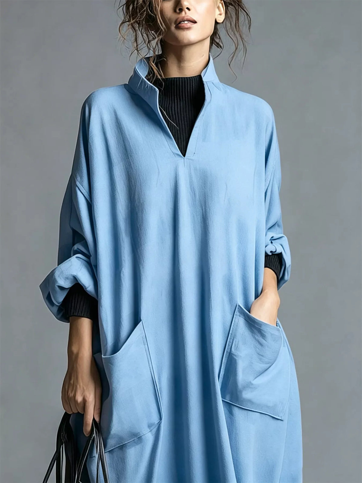 Full Size Loose-Fit Mock Neck Midi Dress with Pockets Plus Size - Lilixa.store