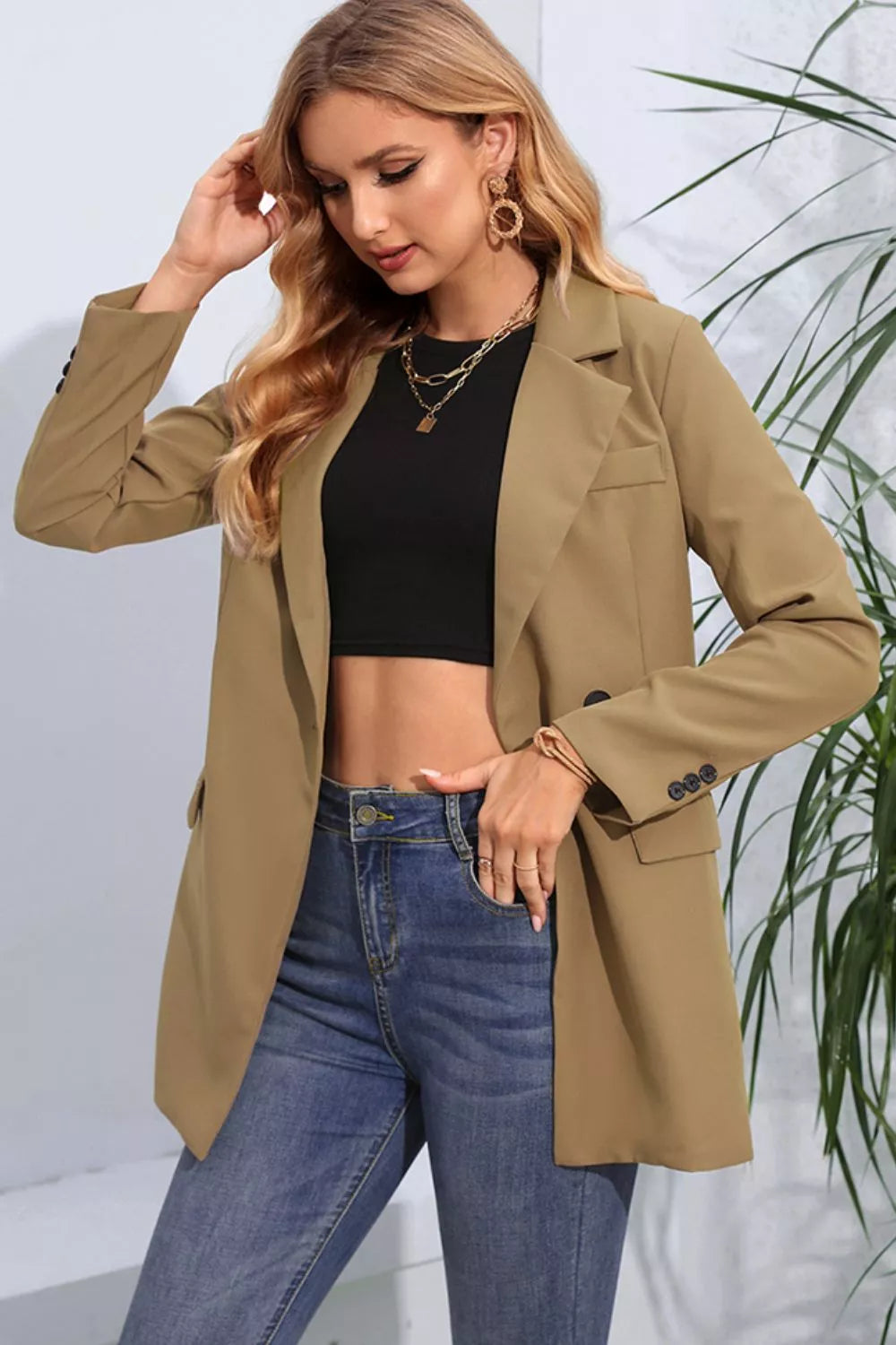 Lapel Neck Long Sleeve Blazer with Pockets - Lilixa.store