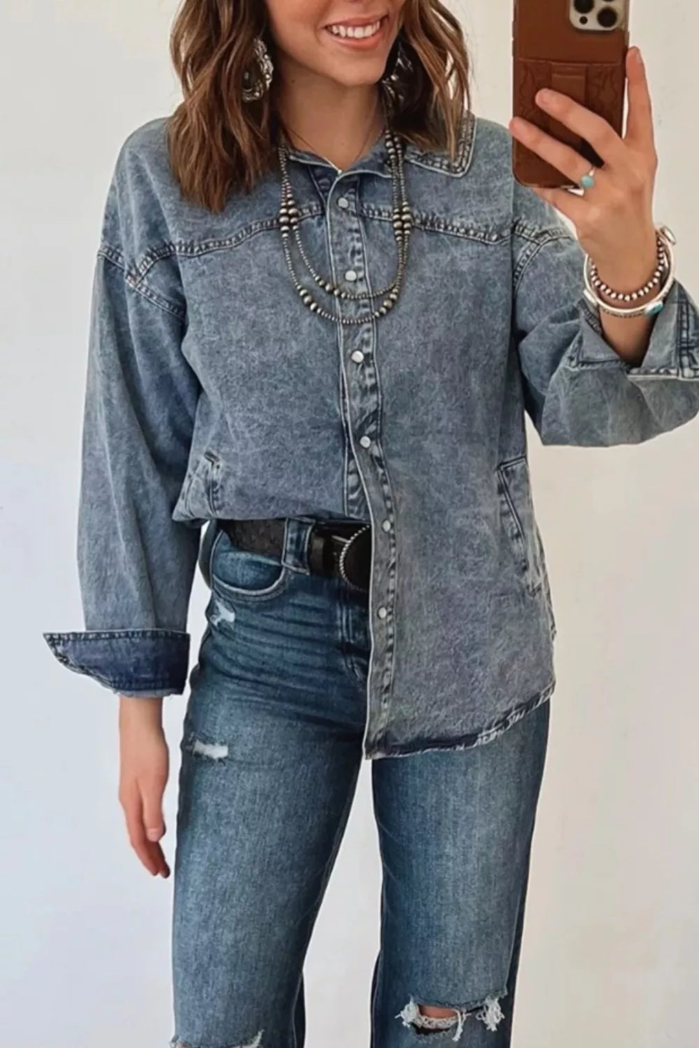 Western Long Sleeve Shirt Collar Tunic Denim Jacket, view 3