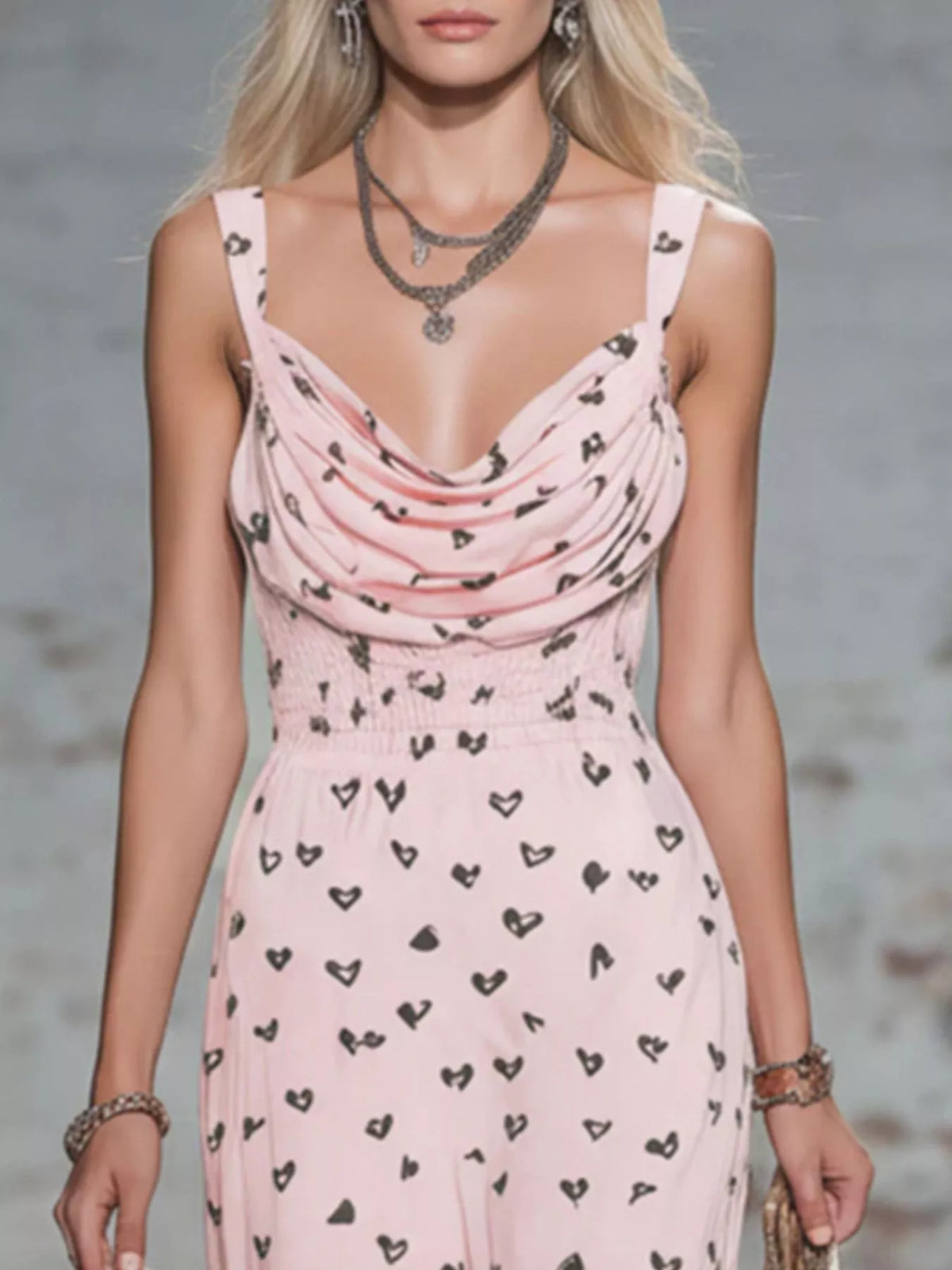 Heart-Print Cowl Neck Midi Dress