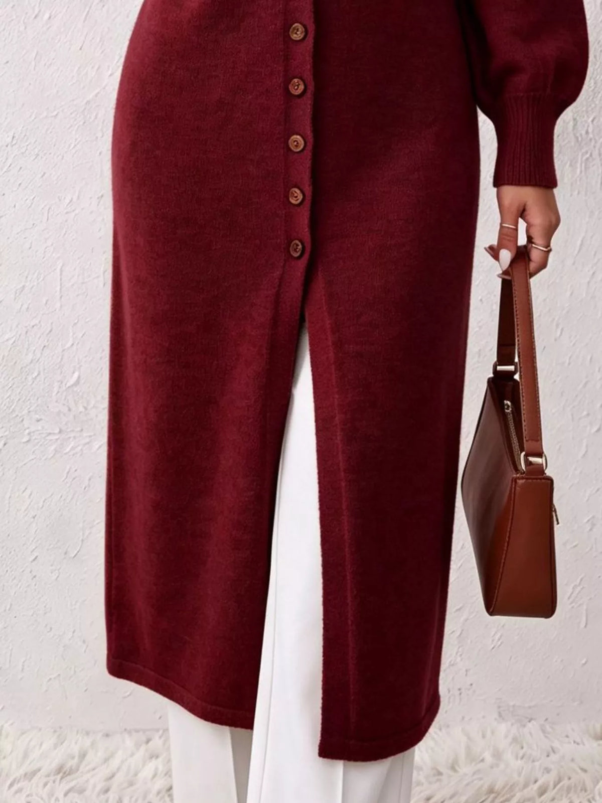 Elegant Longline Button-Front Cardigan with Lantern Sleeves, view 7