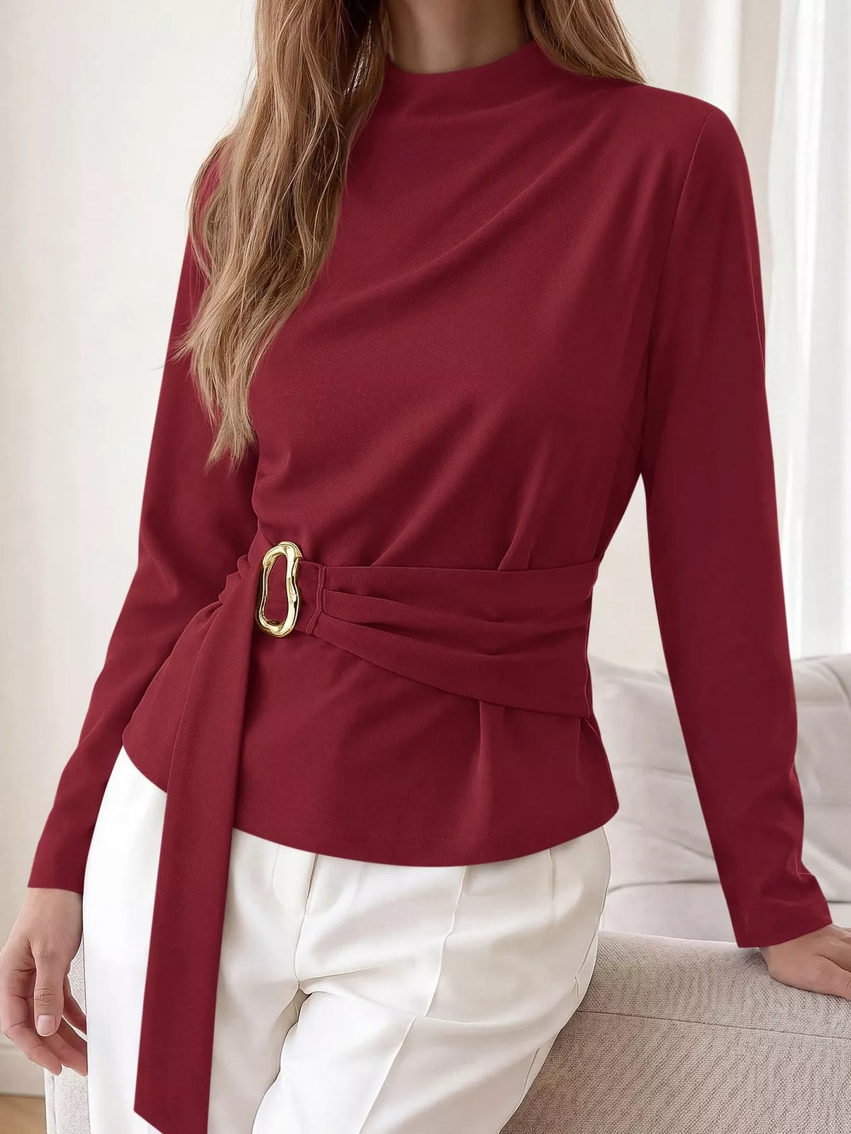 Mock Neck Blouse with Waist-Defining Metal Buckle Detail - Lilixa.store