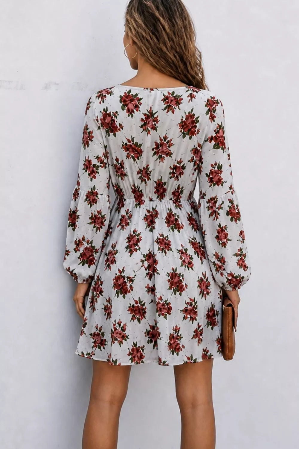 Floral Print Balloon Sleeve Mini Dress in White, view 3