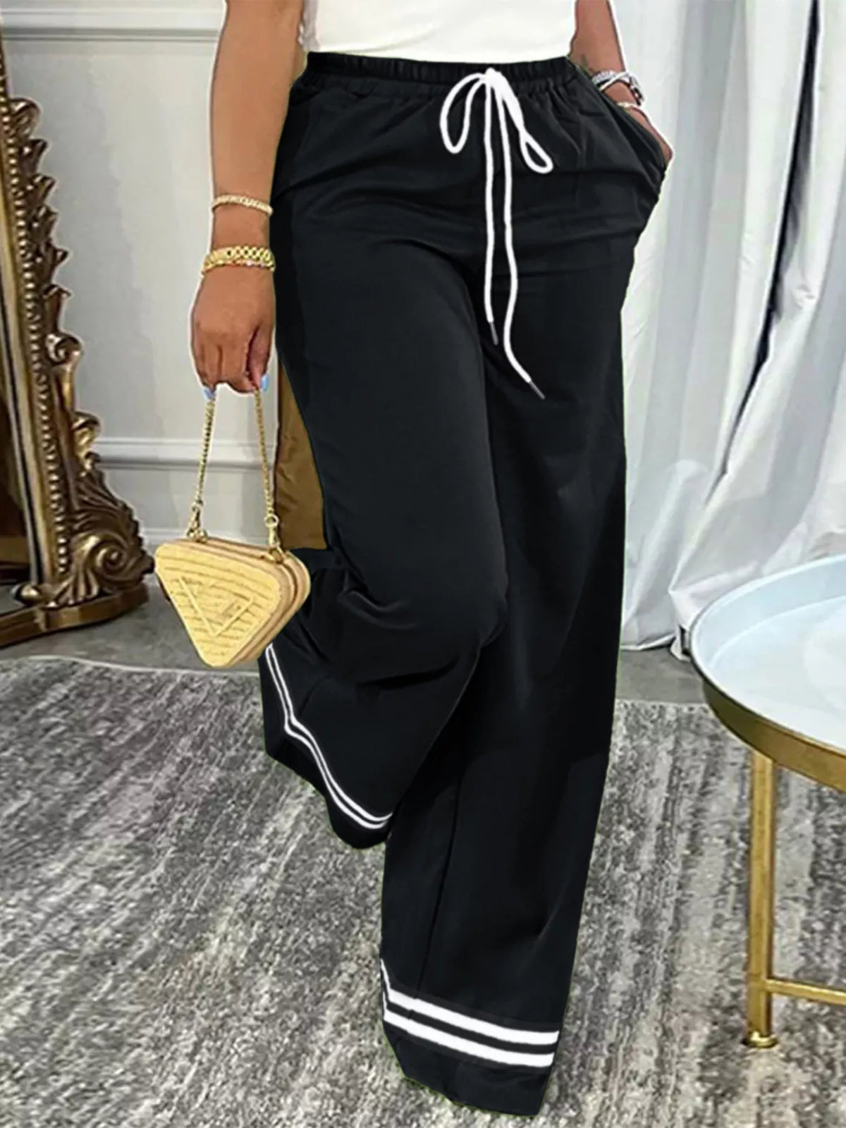 Wide-Leg Drawstring Pants with Striped Hem - Lilixa.store