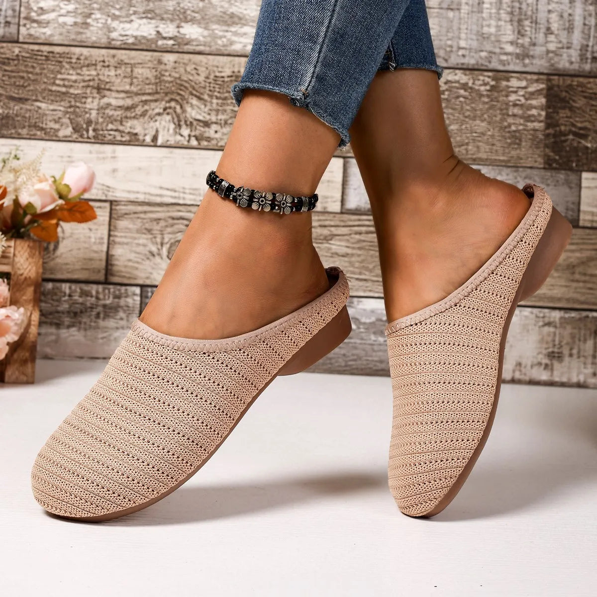 Round Toe Flat Slip-Ons in Khaki