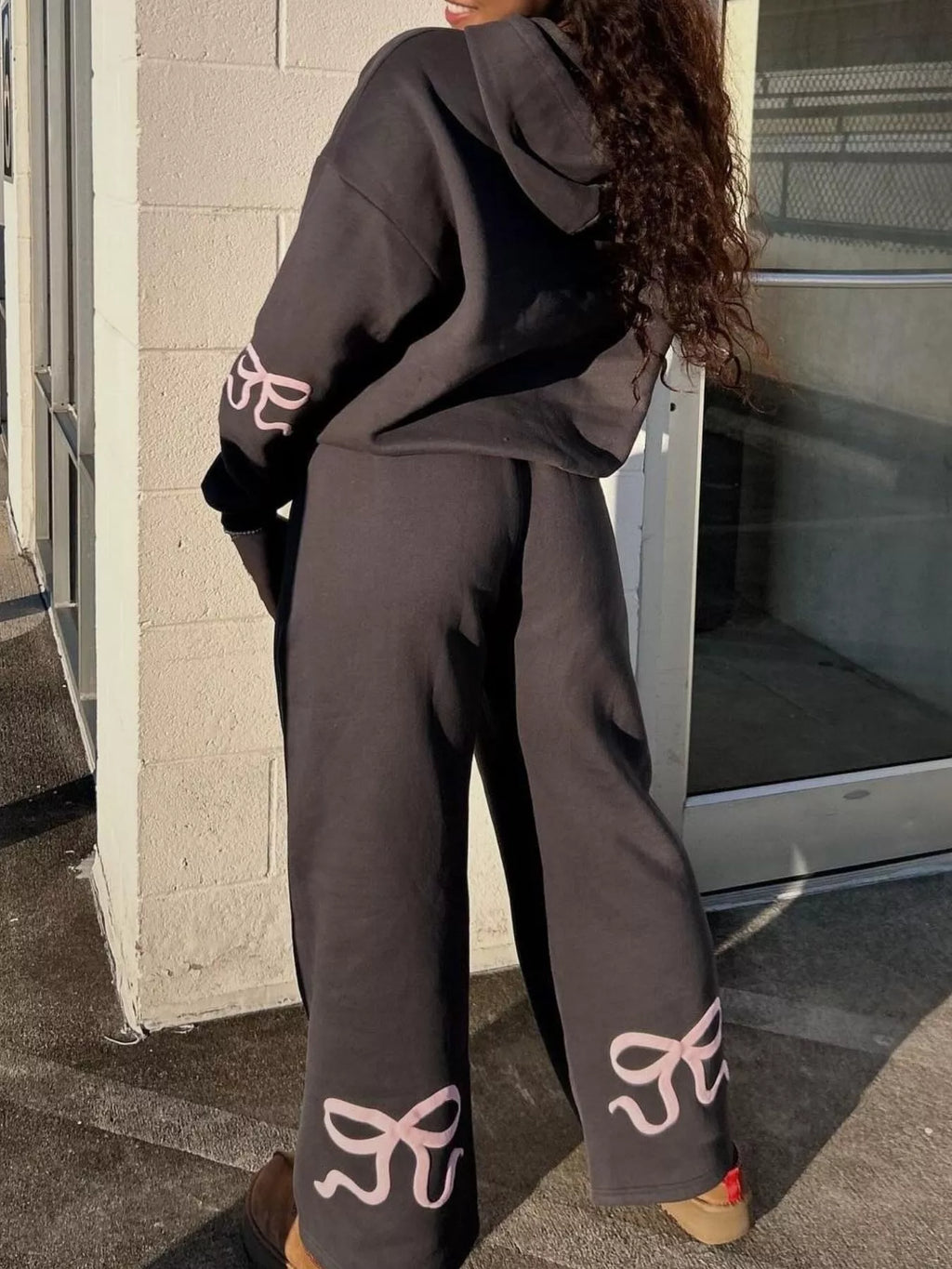 Bow and Heart Dropped Shoulder Hoodie and Pants Set - Lilixa.store