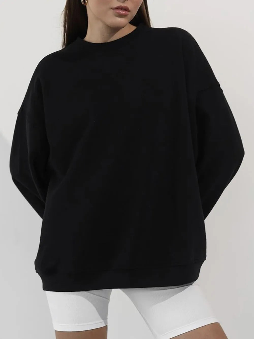 Round Neck Dropped Shoulder Long Sleeve Sweatshirt - Lilixa.store