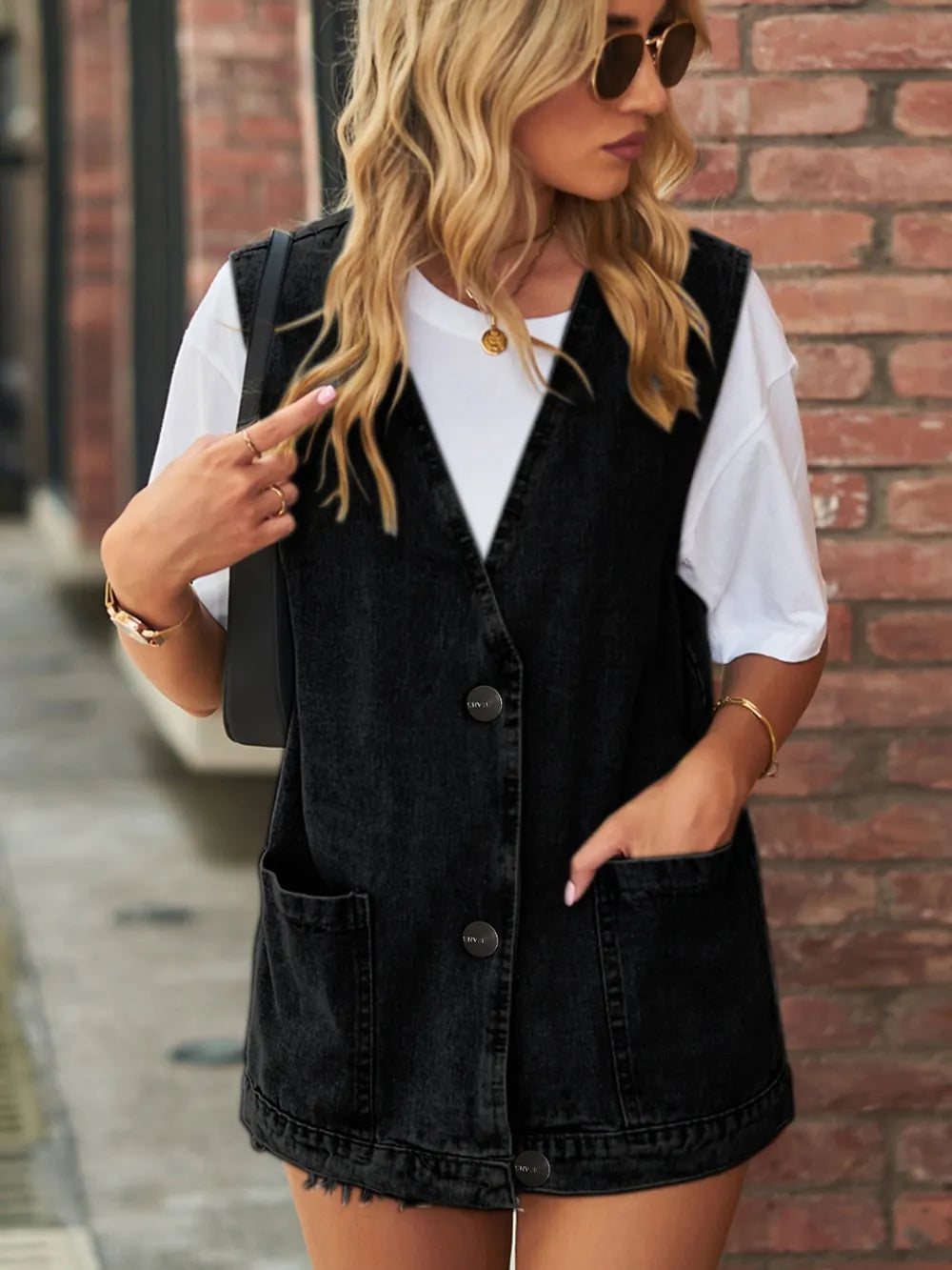 Full Size V-Neck Button Up Denim Vest - Lilixa.store