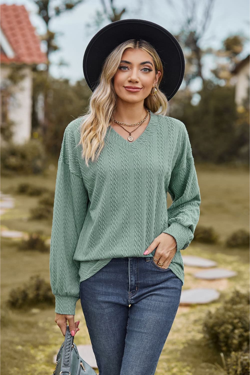 V-Neck Dropped Shoulder Blouse in Sage