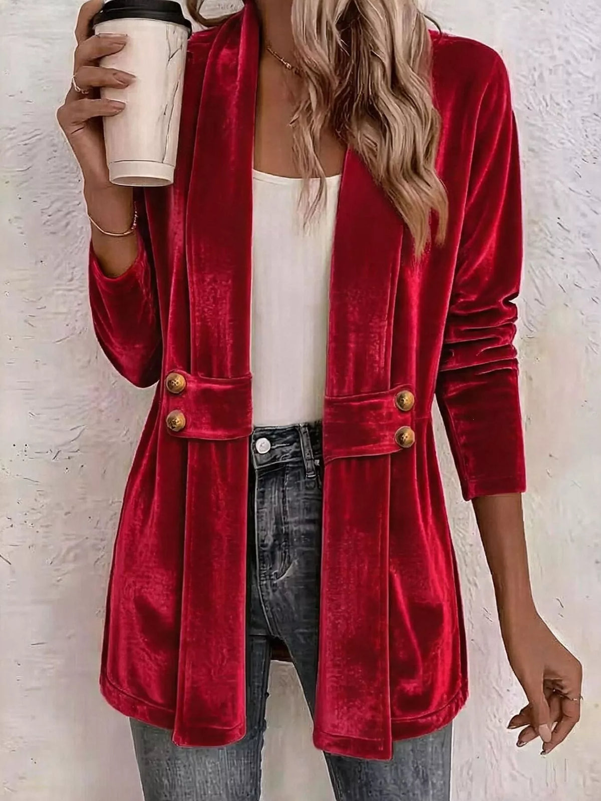 Full Size Velvet Open-Front Cardigan Plus Size in Red