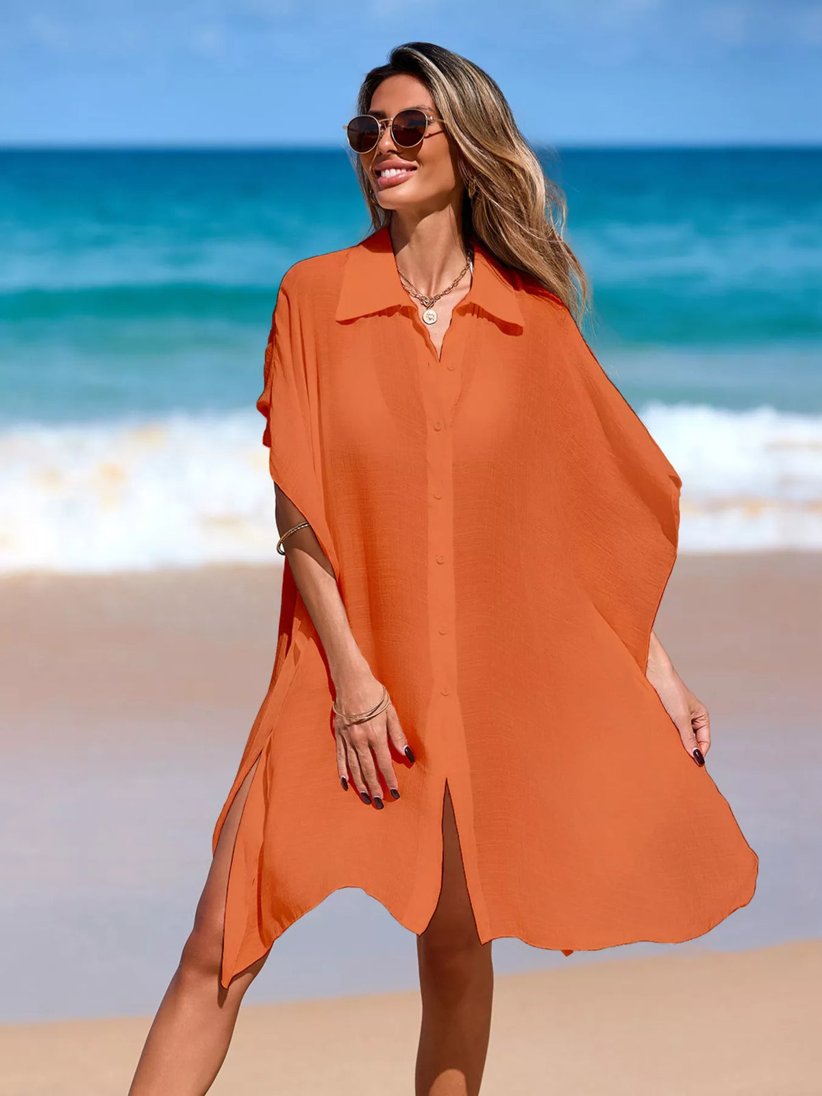 Relaxed Fit Button Up Cover-Up Dress in Orange