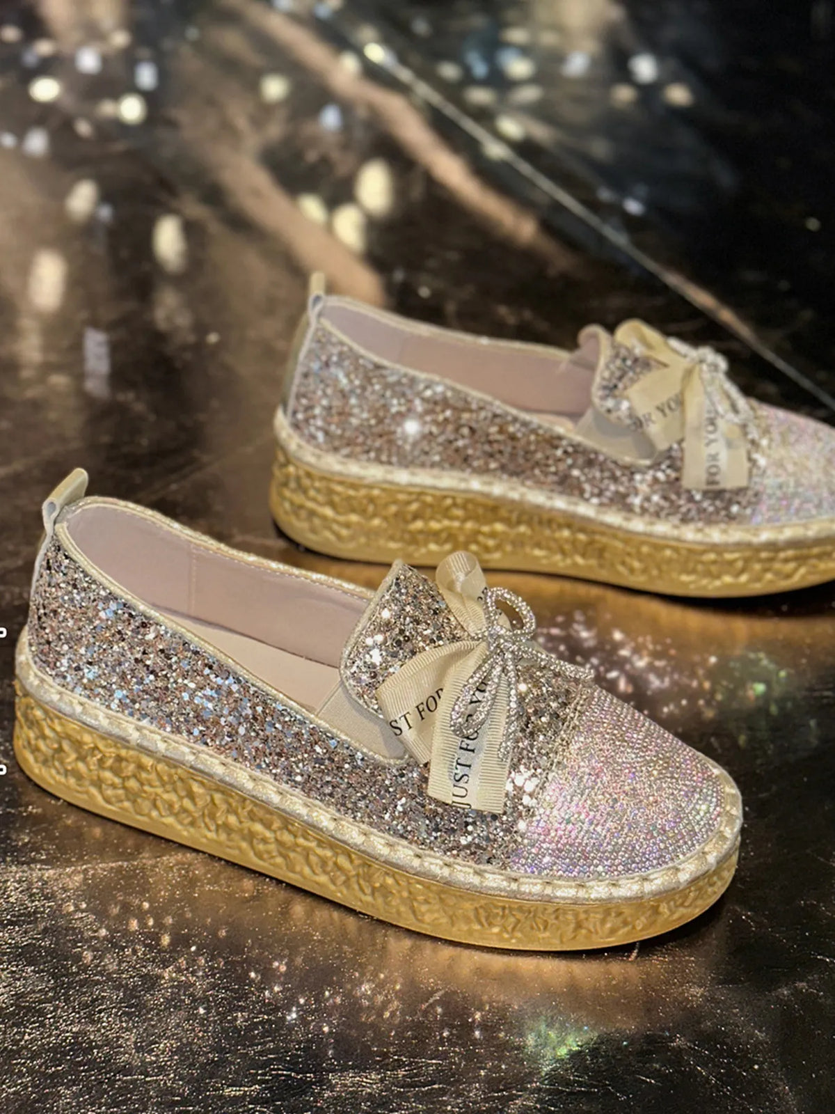Rhinestone Bow Round Toe Slip-Ons, view 2