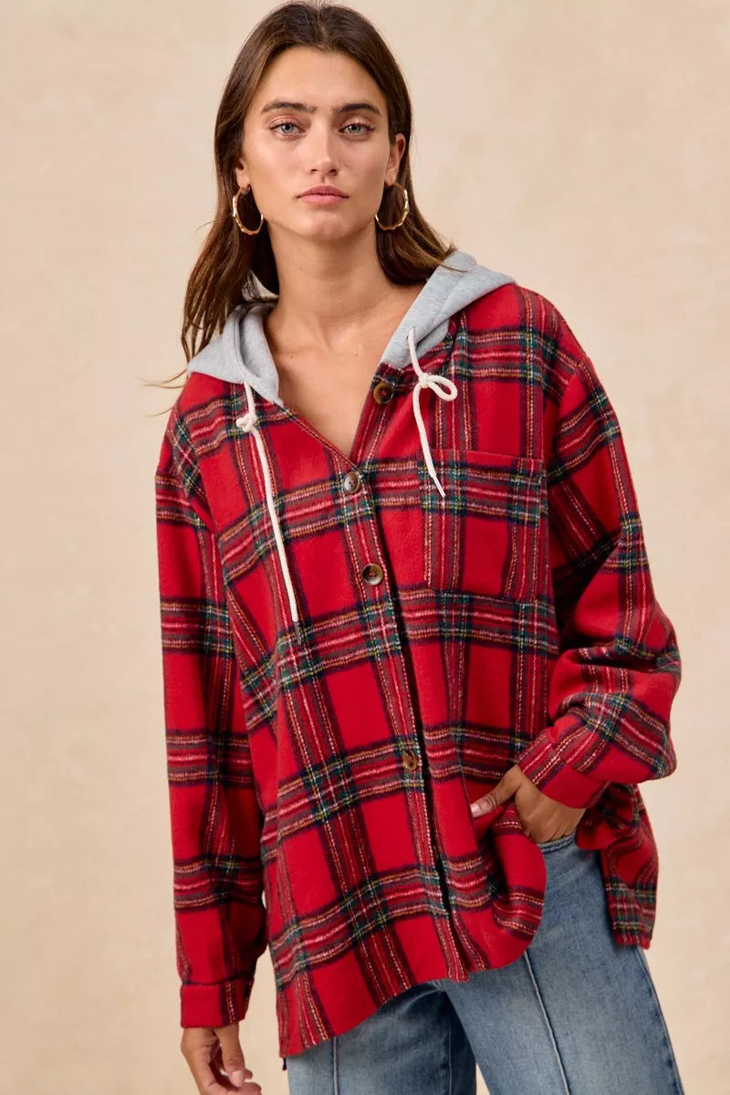 BiBi Brushed Plaid Hooded Jacket in Red Plaid, view 19