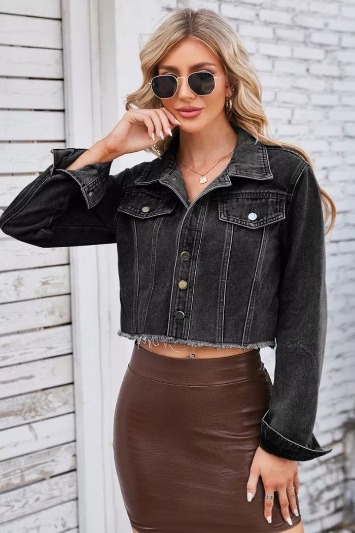 Raw Hem Denim Jacket with Pockets in Black