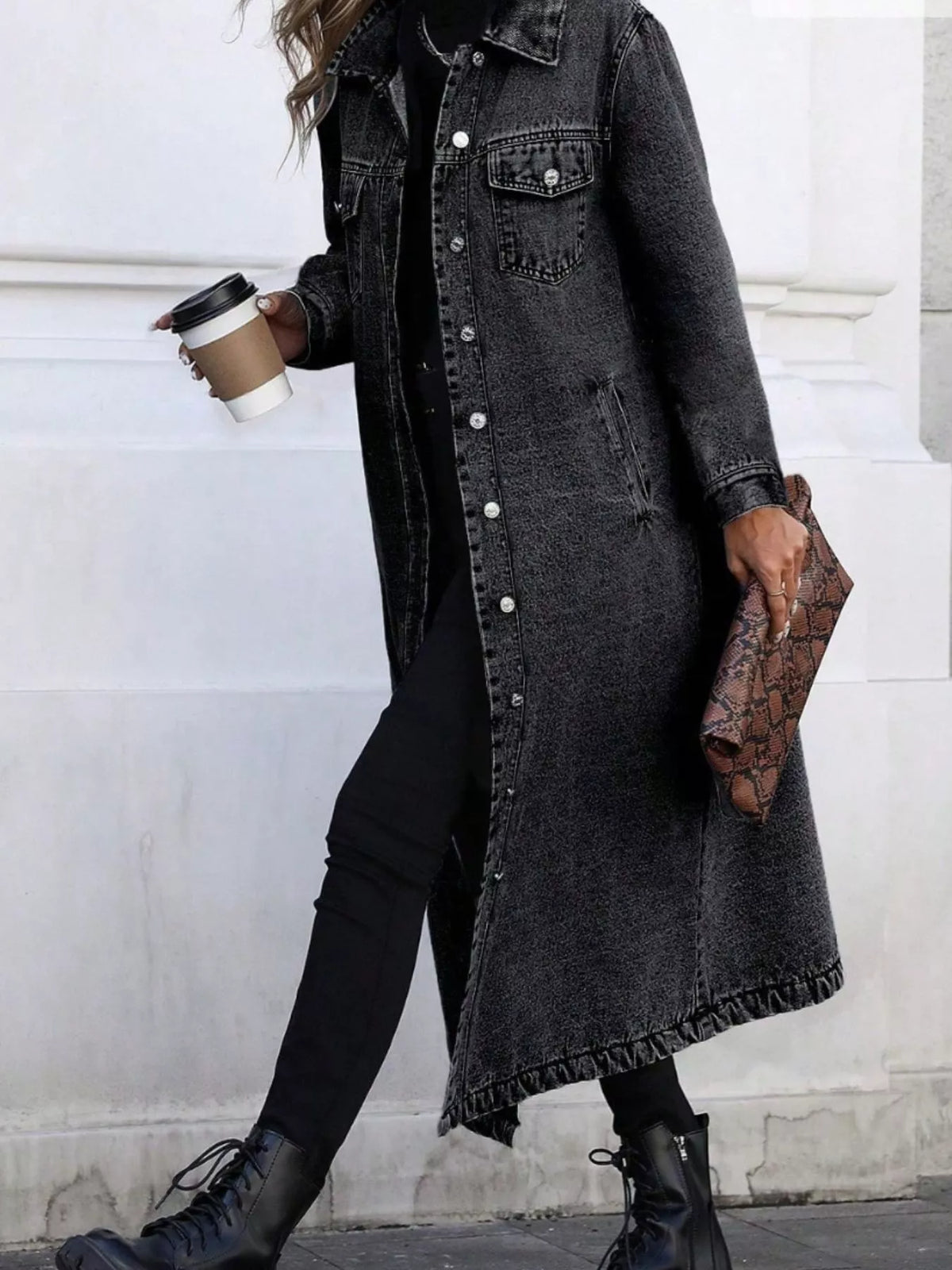 Longline Button-Front Denim Jacket, view 7