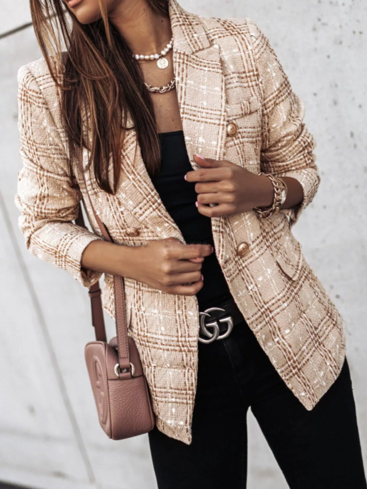 Full Size Plaid Tweed Double-Breasted Blazer Plus Size - Lilixa.store