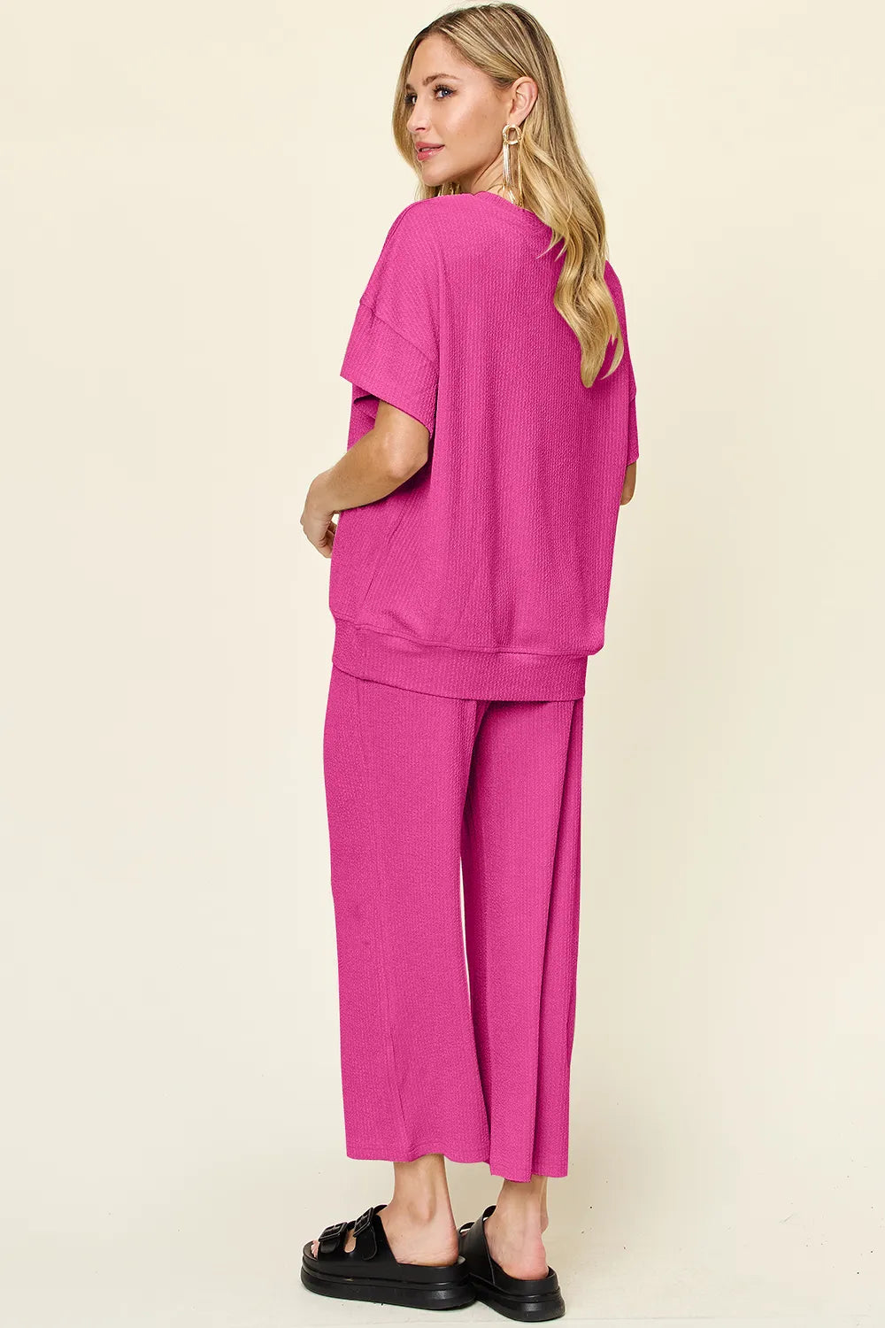 Double Take Full Size Texture Round Neck Short Sleeve T-Shirt and Wide Leg Pants, view 13