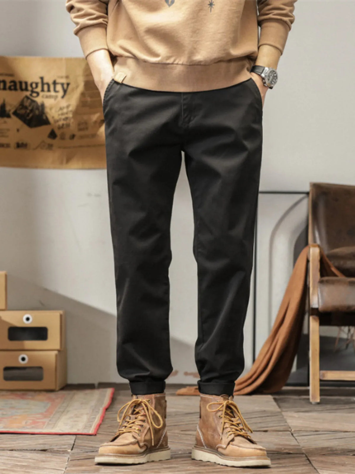 Men's Plus Size Casual Style Slim Fit Ankle Banded Pants in Black