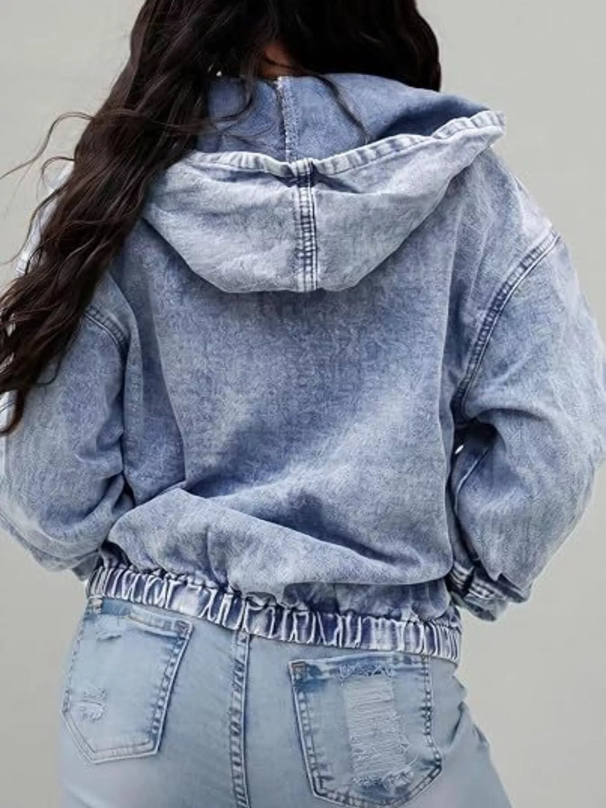 Vintage Washed Zip Up Hooded Denim Jacket, view 4