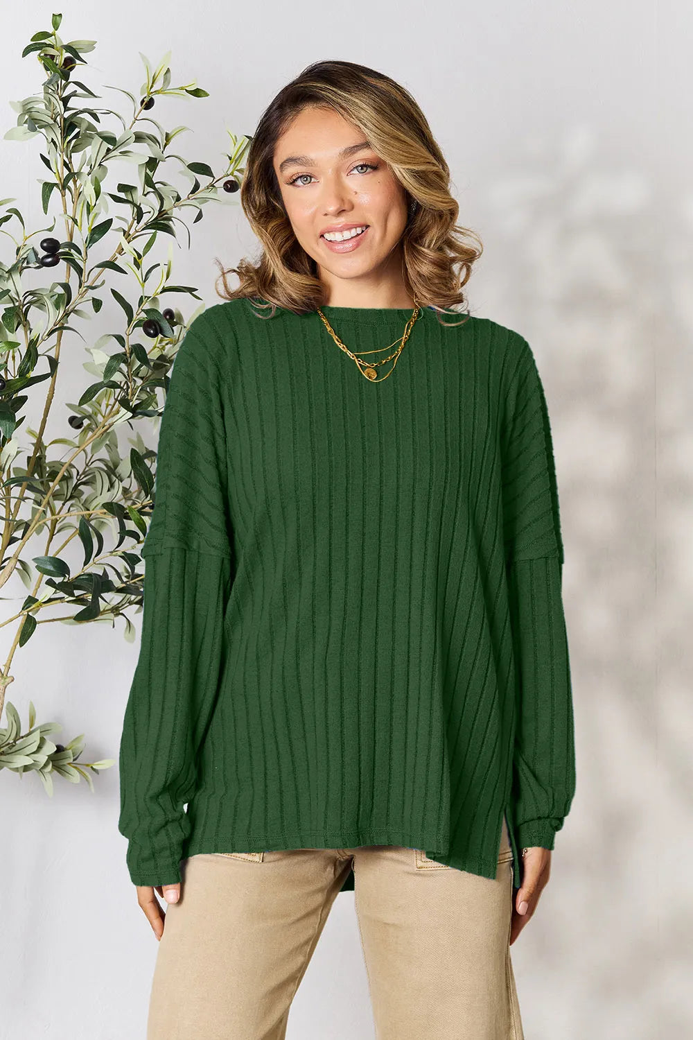 Basic Bae Full Size Ribbed Round Neck Slit Knit Top - Lilixa.store