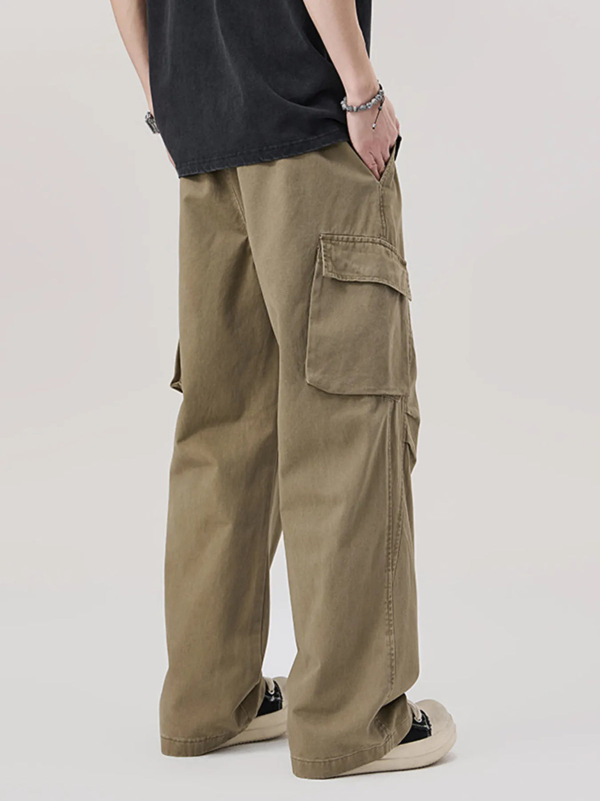 Men's Relaxed Fit Cargo Pants with Drawstring in Khaki, view 3