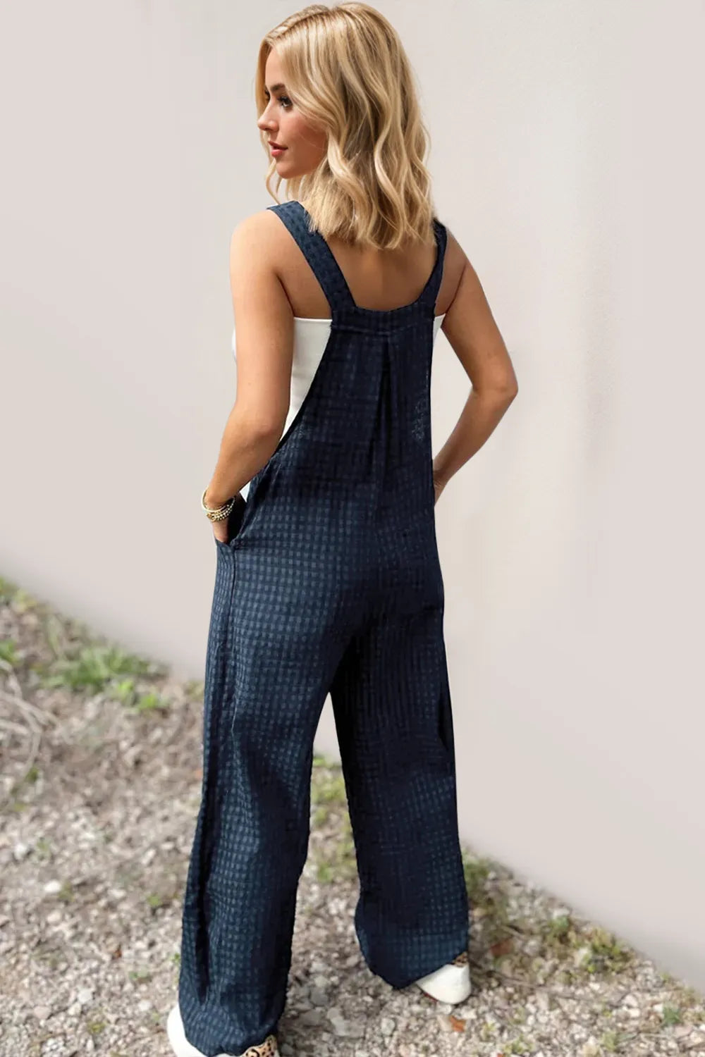Oh Full Size Plaid Wide Leg Overalls with Pockets in Peacock Blue, view 4