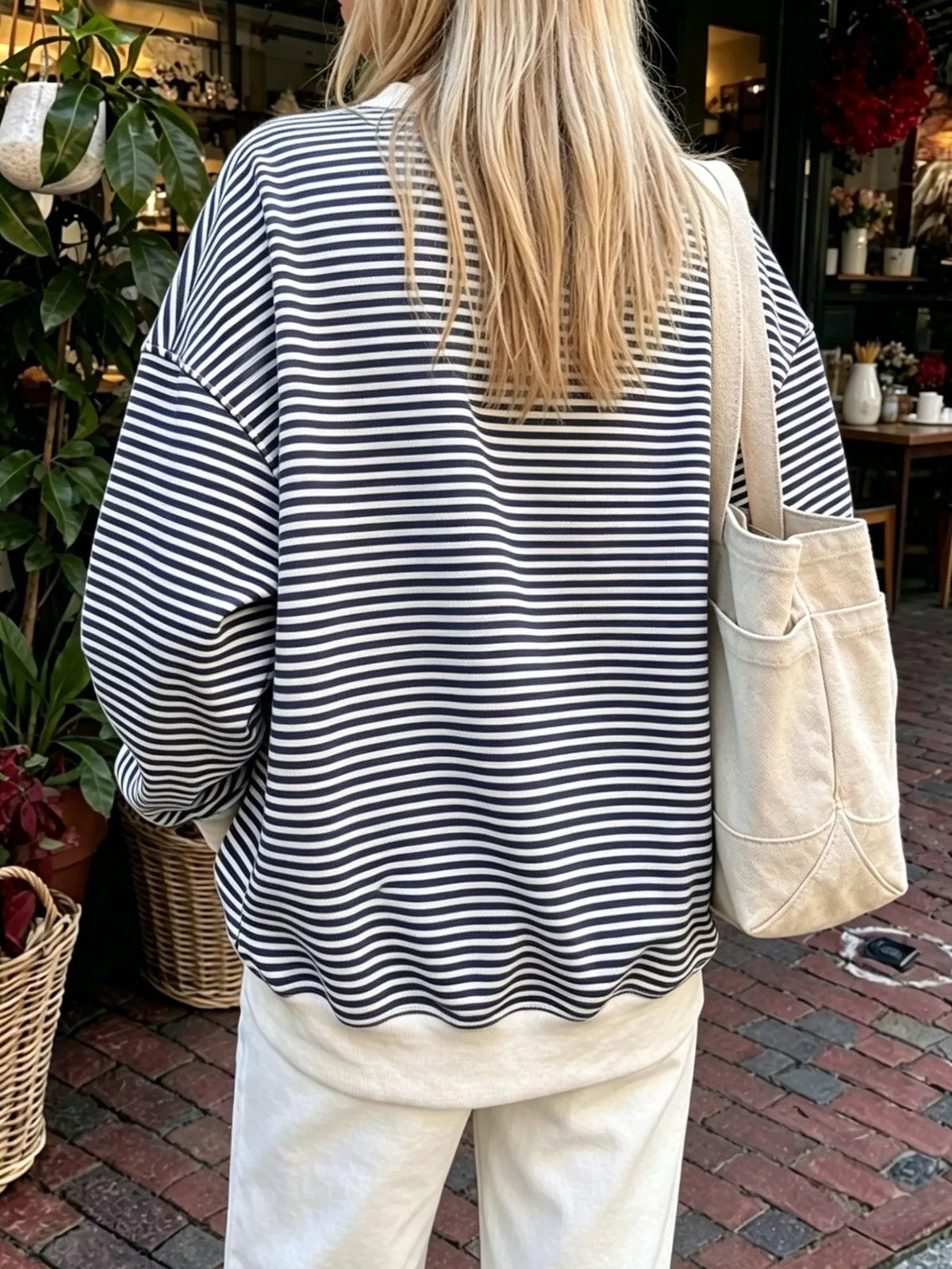 Oversized Striped Crew Neck Sweatshirt, view 2