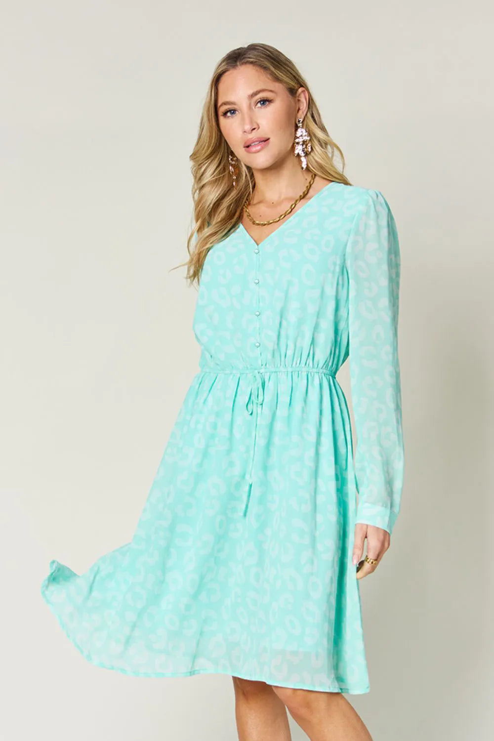 Double Take Full Size Printed Ruched V-Neck Long Sleeve Dress - Lilixa.store