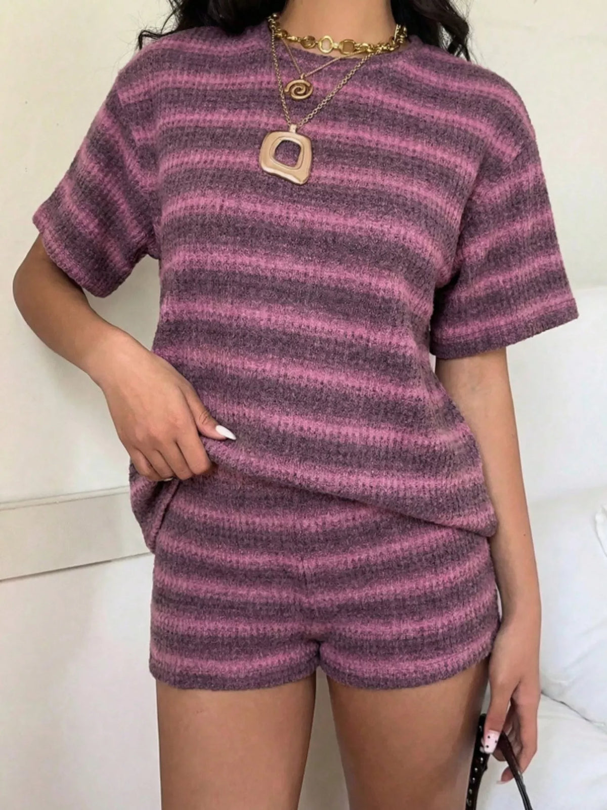 Striped Textured Knit Top and Shorts Set, view 9