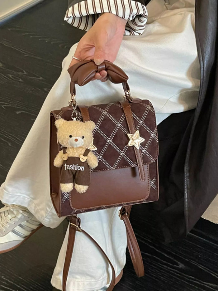 Vintage Diamond Pattern Backpack Bag in Brown