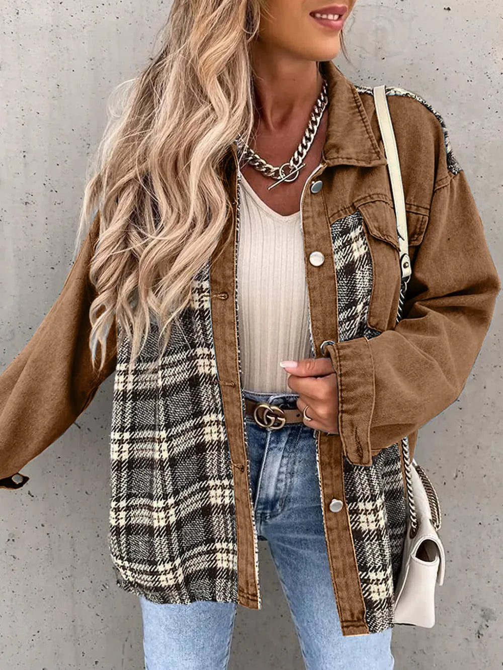 Plaid Button Up Dropped Shoulder Jacket in Camel