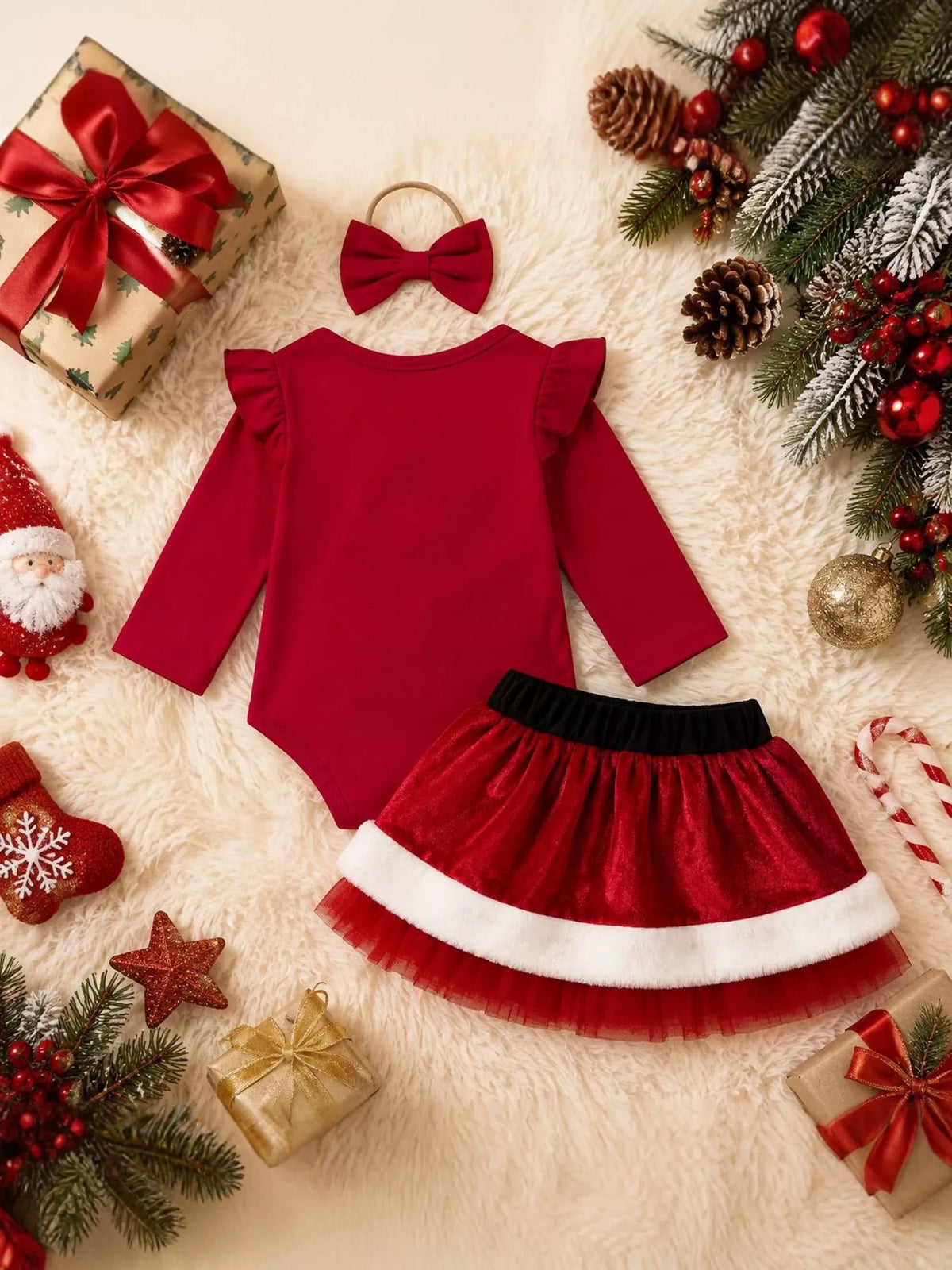Children's Christmas Long Sleeve Bodysuit and Skirt Set with Bow Headband - Lilixa.store
