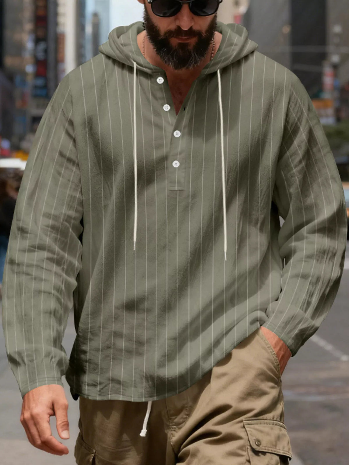 Men's Full Size Casual Striped Henley Hoodie with Drawstring Plus Size, view 4