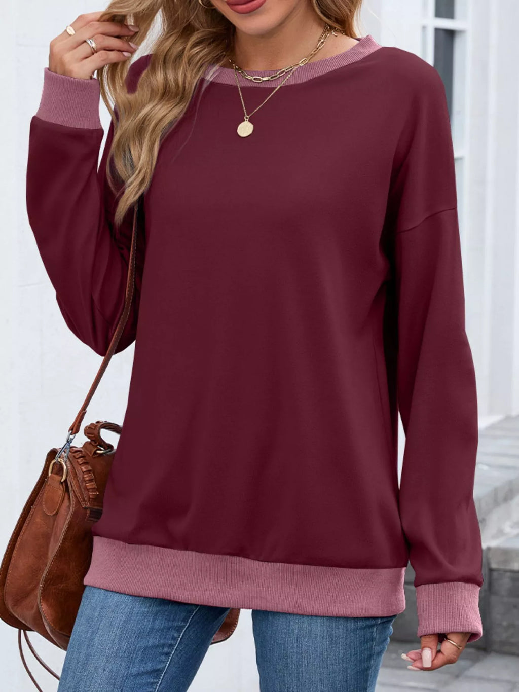 Contrast Trim Long Sleeve Sweatshirt - Lilixa.store