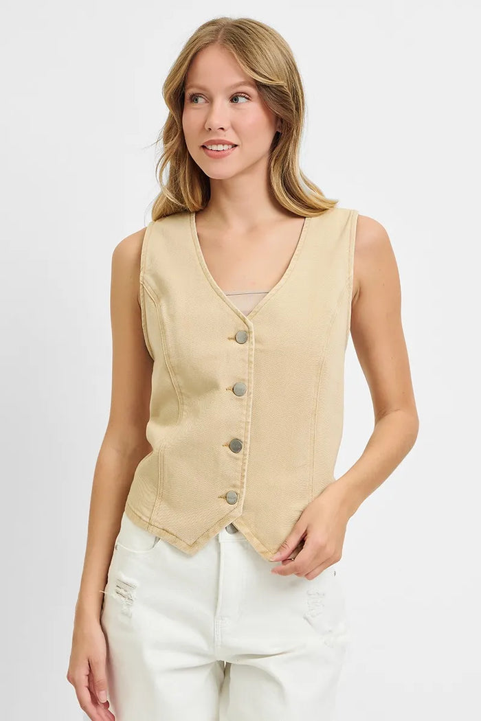RISEN Full Size V Neck Button Down Vest Plus Size in Latte