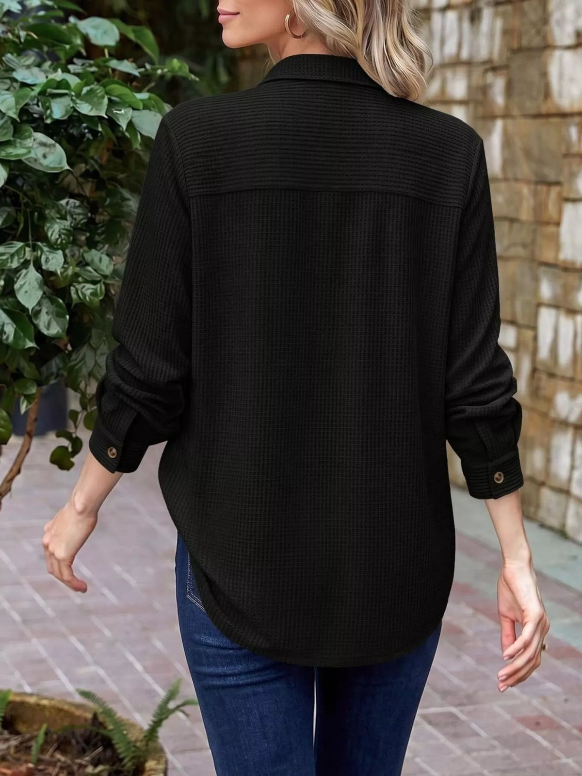 Waffle Knit Button-Down Long Sleeve Shirt - Lilixa.store