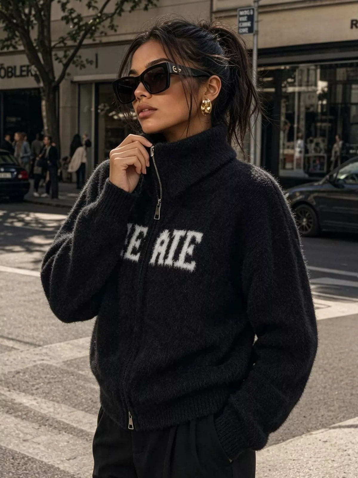 Fuzzy Letter Zip-Up Cardigan, view 7