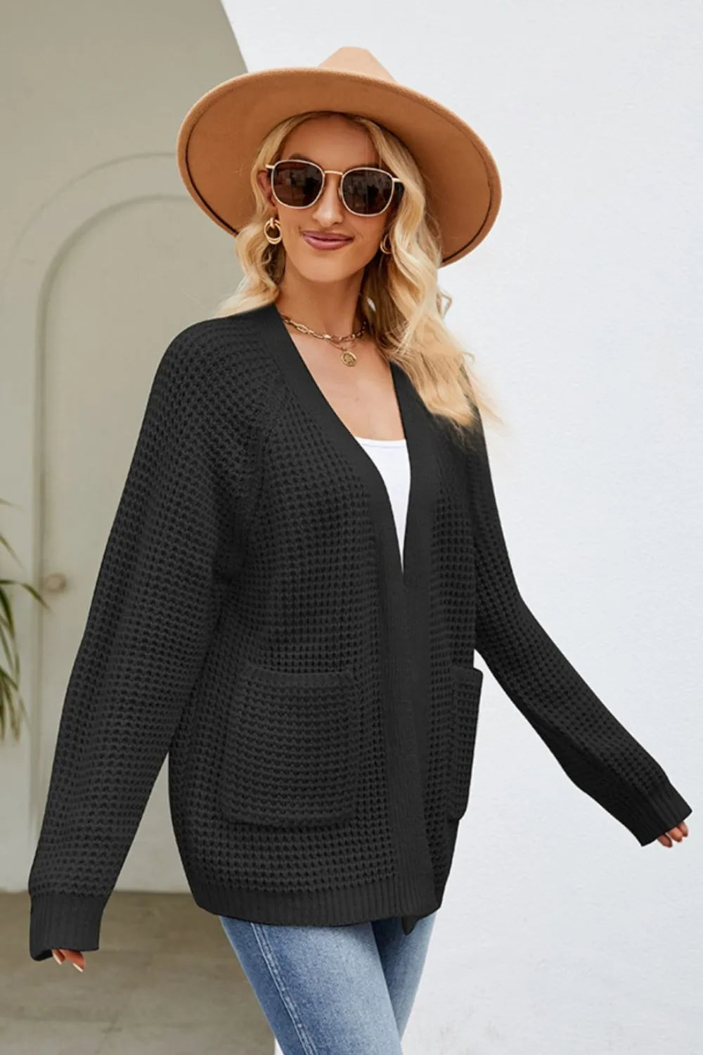 Open Front Raglan Sleeve Pocketed Cardigan - Lilixa.store