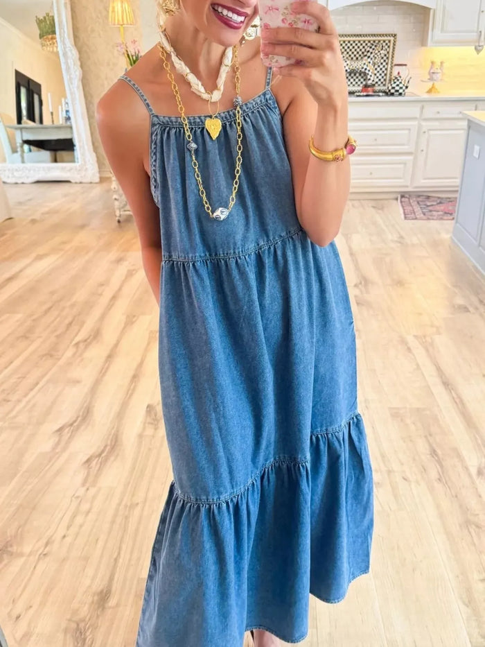 Full Size Tiered Ruffle Hem Denim Dress Plus Size - Lilixa.store