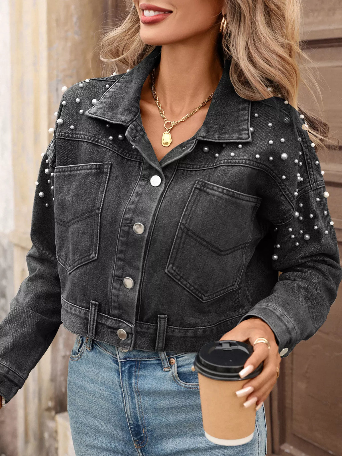 Pearl Embellished Cropped Denim Jacket, view 6