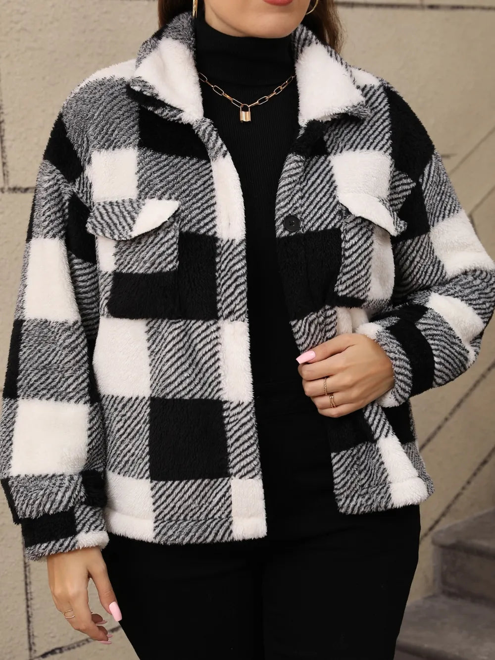 Plus Size Pocketed Plaid Collared Neck Jacket in Black
