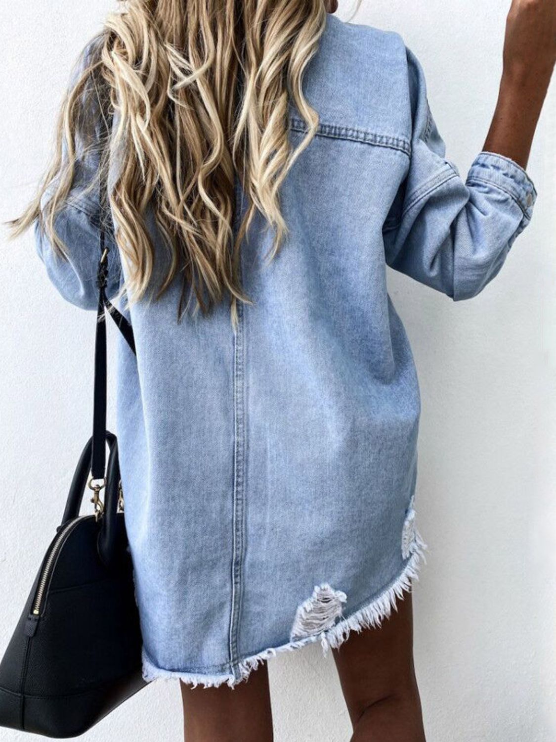 Raw Hem Collared Neck Long Sleeve Denim Jacket in Black, view 2