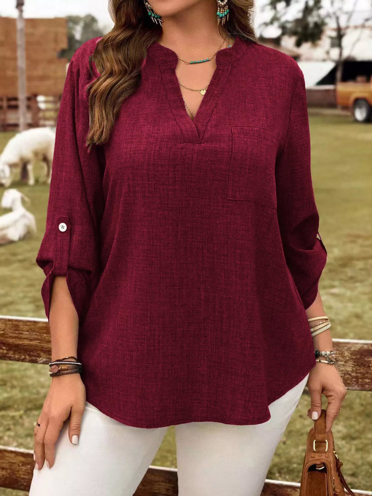 Plus Size Notched Roll-Tab Sleeve Casual Blouse - Lilixa.store