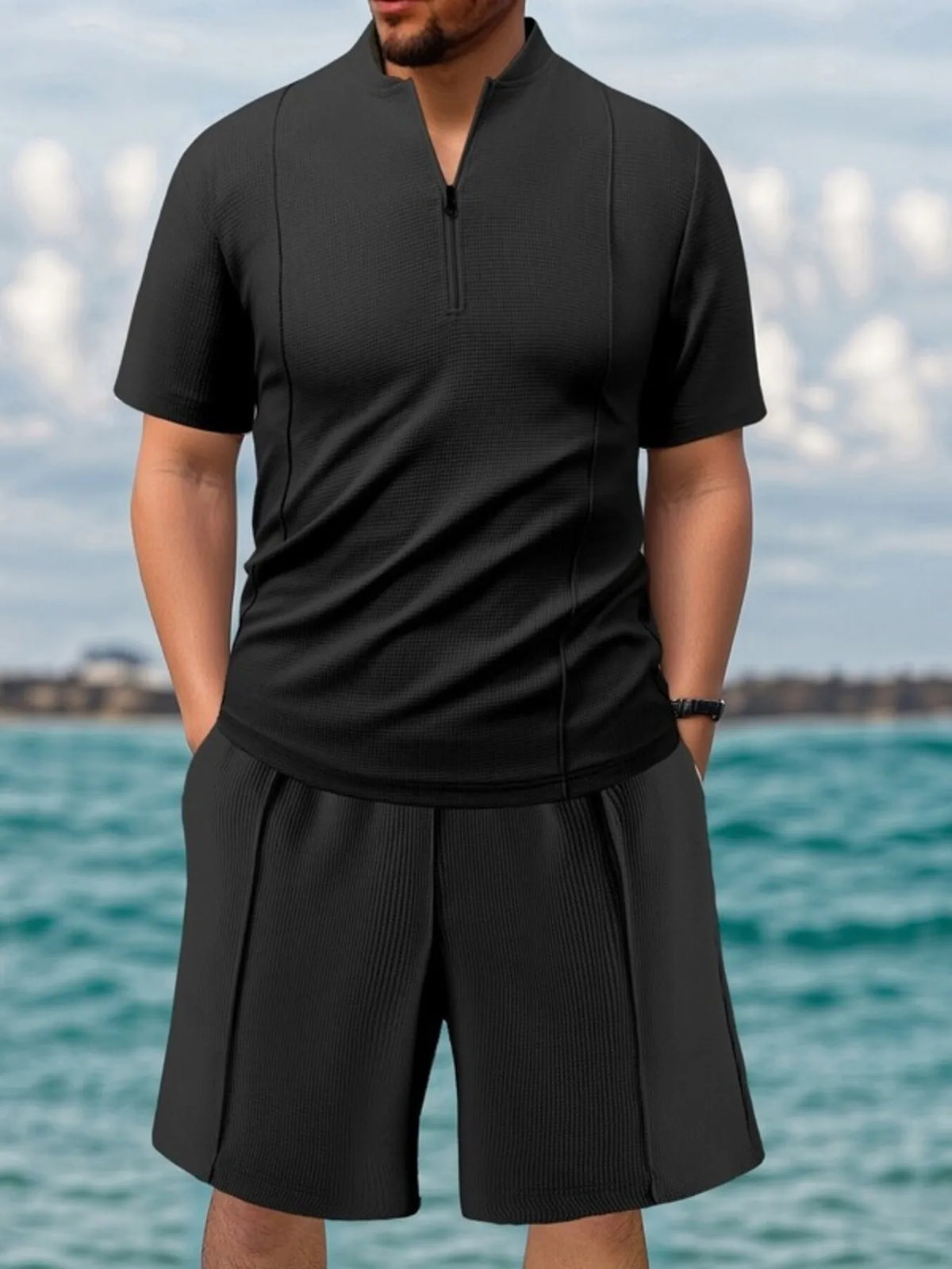 Men's Full Size Zip Front Short Sleeve Top and Shorts Set Plus Size in Black