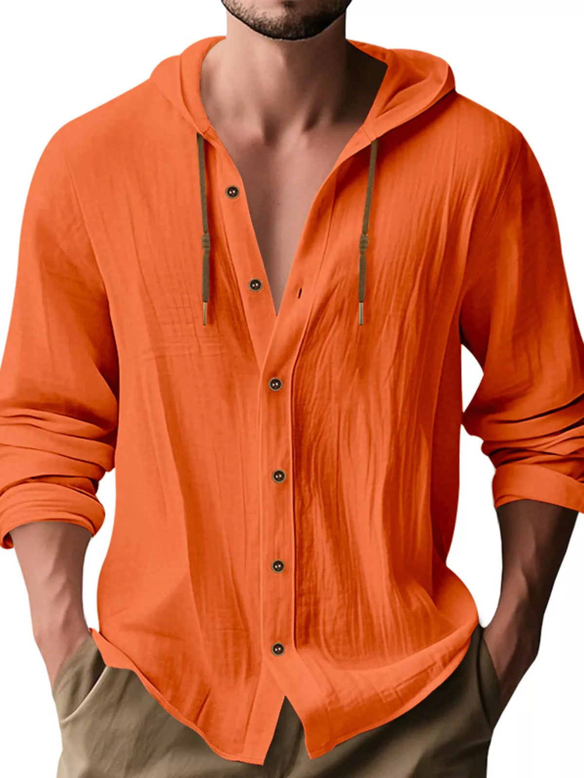 Men's Full Size Drawstring Button Up Hooded Shirt Plus Size - Lilixa.store