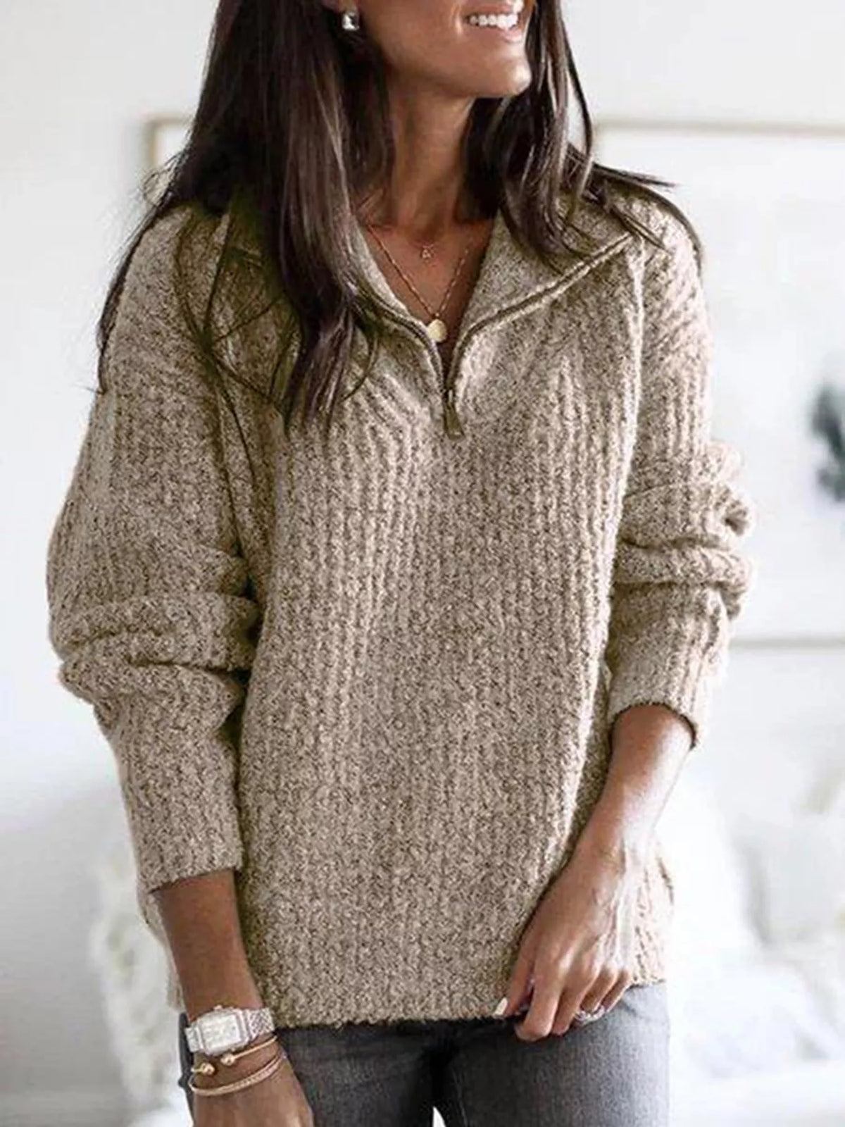 Full Size Half-Zip Textured Sweater Plus Size - Lilixa.store