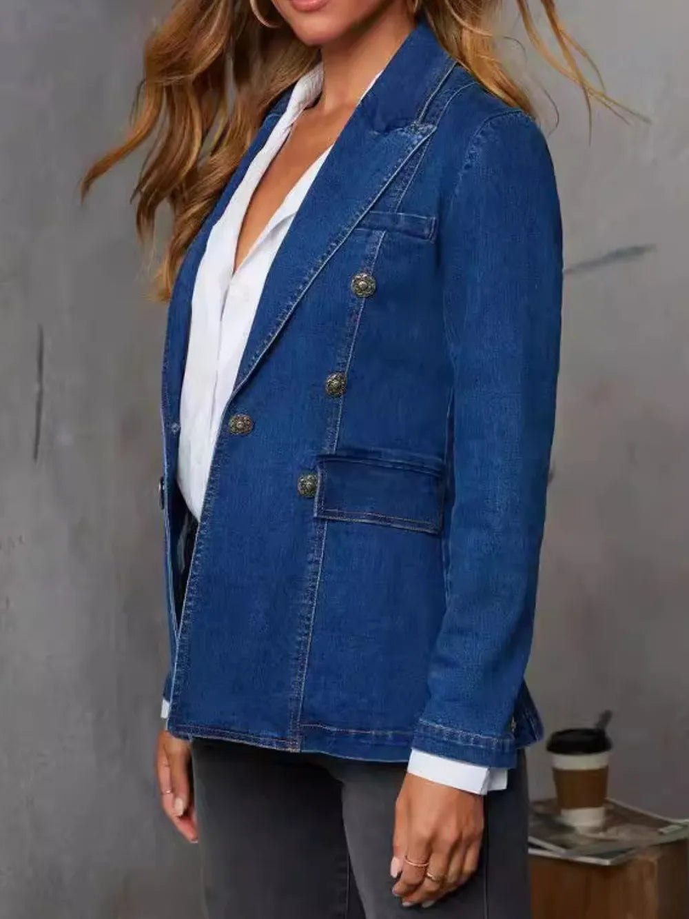 Collared Neck Long Sleeve Denim Jacket, view 2