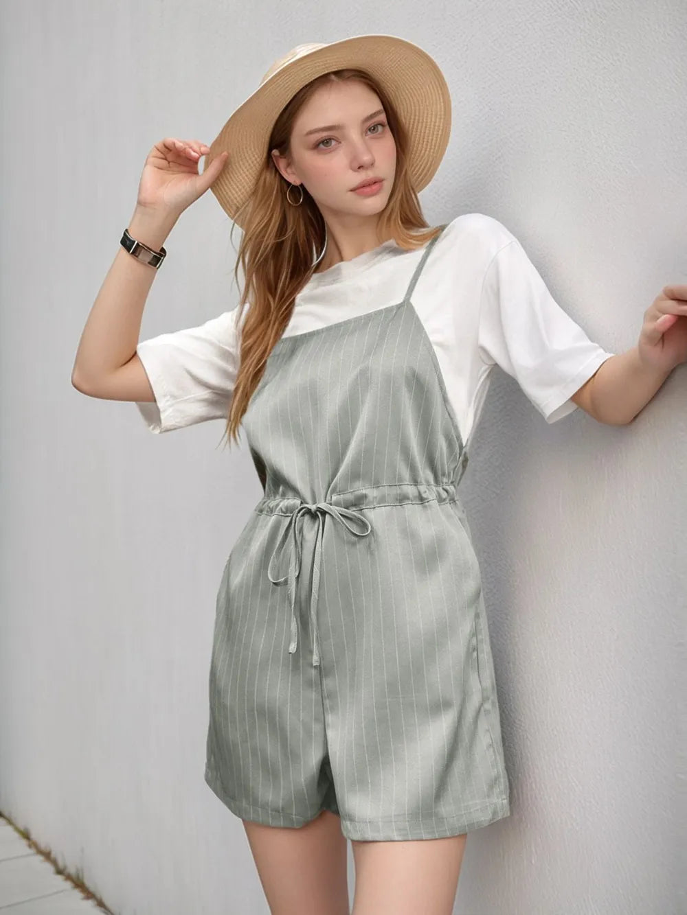 Perfee Drawstring Waist Striped Overalls with Pockets - Lilixa.store