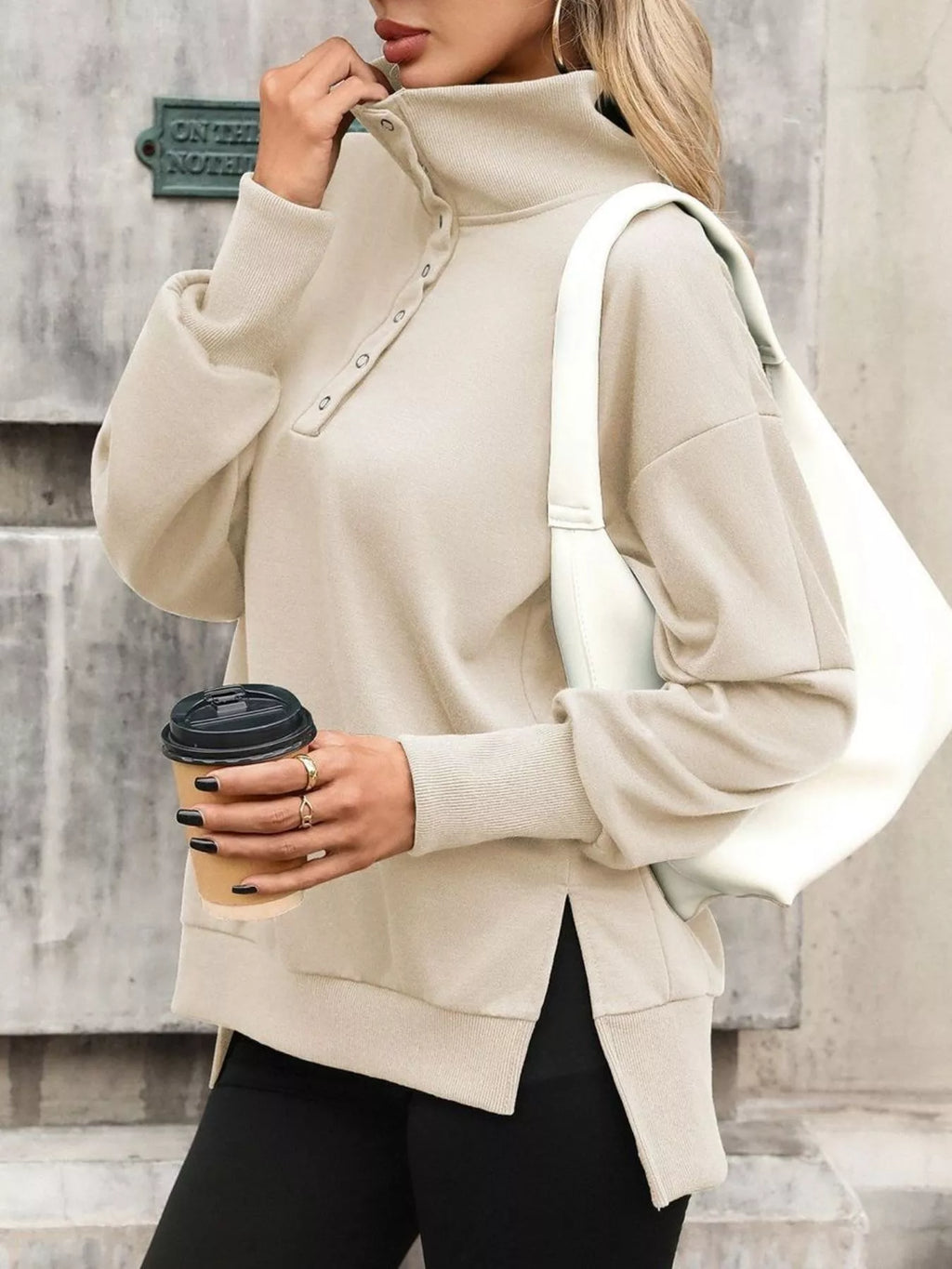 Side Slit Half Snap Sweatshirt - Lilixa.store